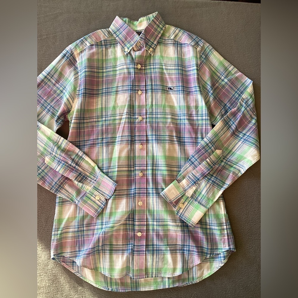 Vineyard Vines Mens Shirt L Teal Light Purple Slim Fit Whale Cotton Button Down